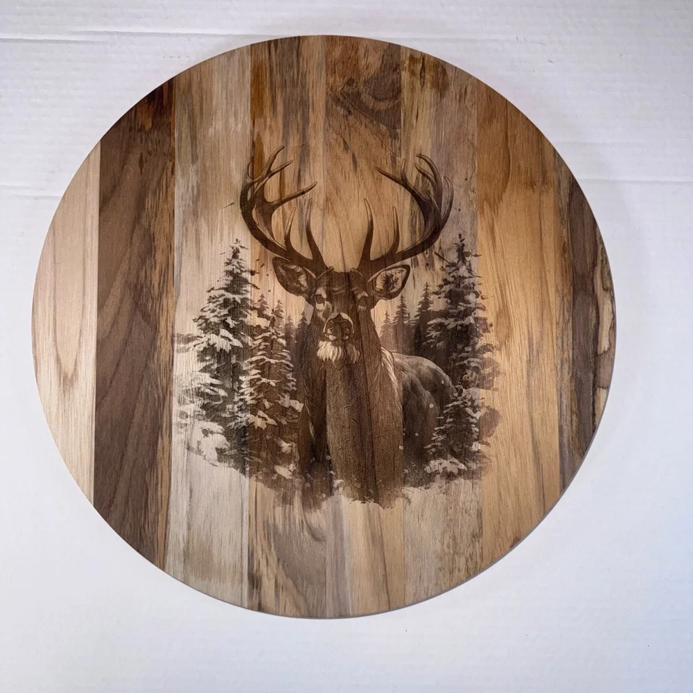 Teak Wood Round Cutting Board Deer Scene Rustic Engraved Decor Serving Board